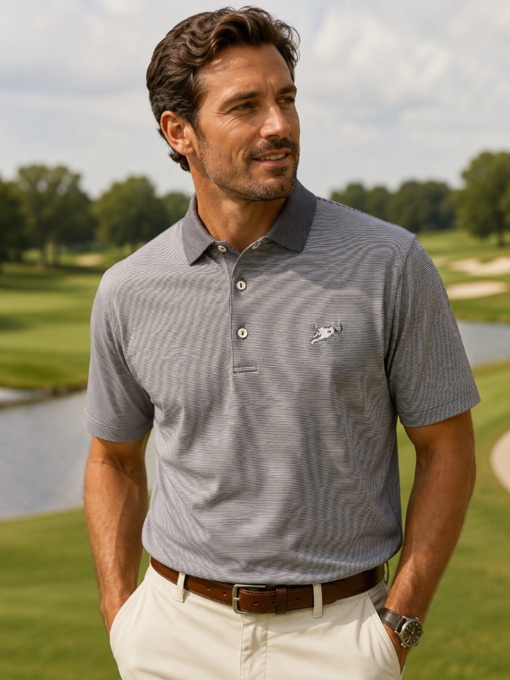 Peter Millar Summer Comfort Gray White Stripe Steer Head Logo Polo Shirt LARGE